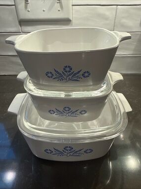 Corningware White Casserole Dish Set with Blue Floral Motif 5 piece-3dishes/2lid
